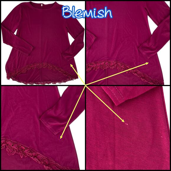 Crochet Accent Tunic Top Scoop Neck Asymmetrical Hem Long Sleeve Large Burgundy - Picture 7 of 11